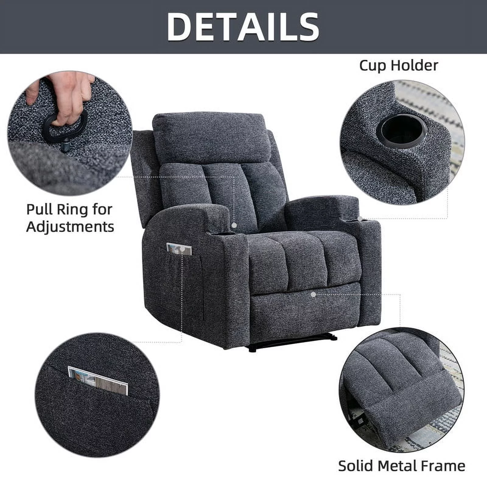 Ebello Design Manual Massage Recliner Chairs with Heat, with Side Pockets and Cup Holders Overstuffed Breathable Fabric Reclining Chair, Single Sofa Home Theater Seating