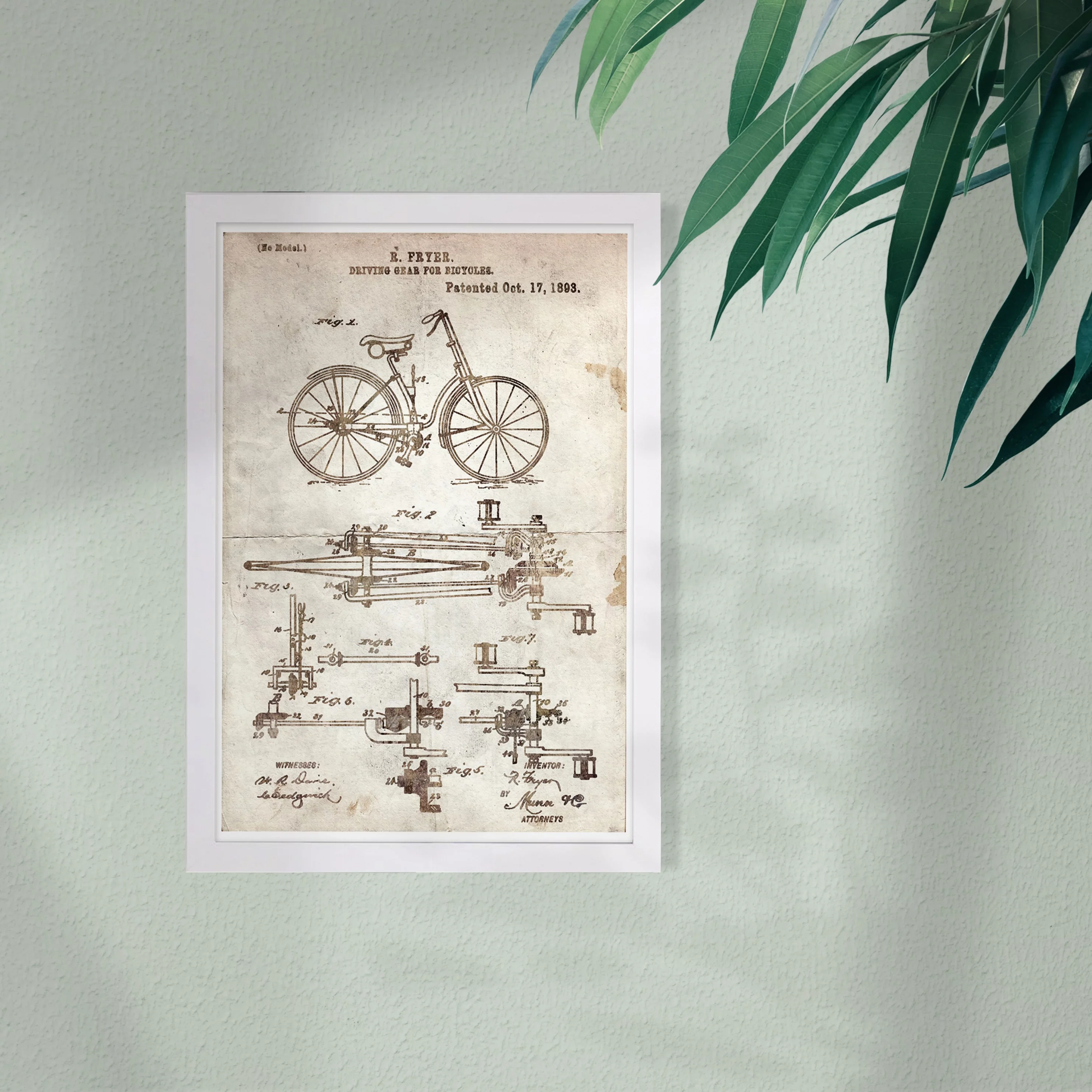 Wynwood Studio 'Fryer Driving Gear for Bicycle 1893 Parchment' Transportation Framed Wall Art Print - Brown, White