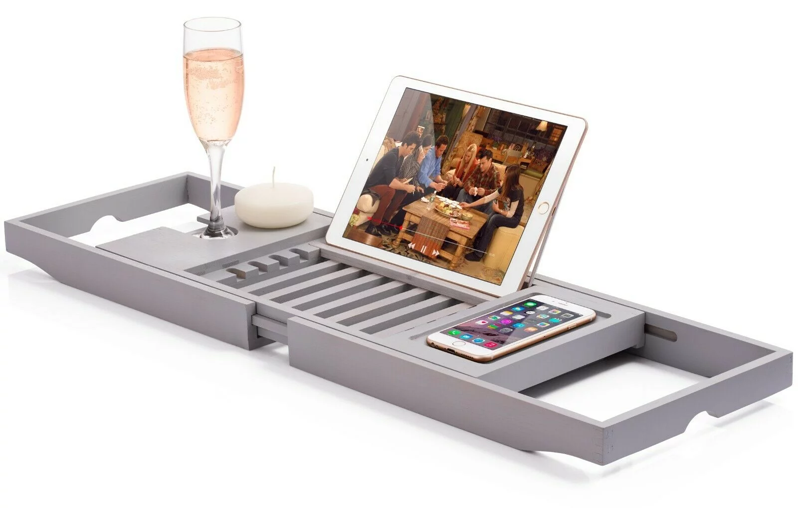Bambusi Bathtub Caddy with Extendable Sides, Wine Glass Holder, Book Stand and Phone Tray
