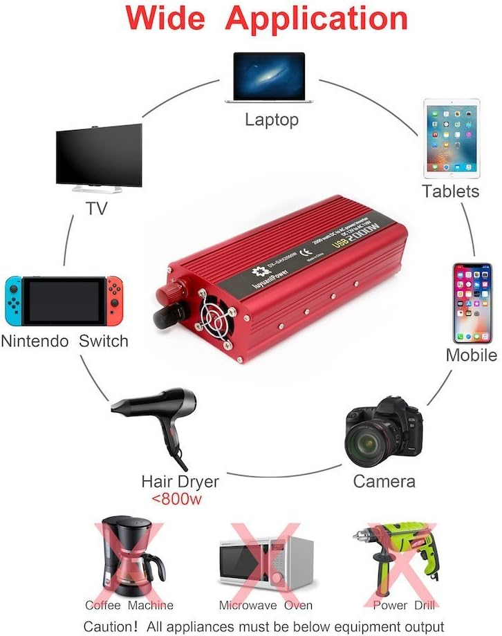 LVYUAN Power Inverter 1200W/2000W(Peak) DC to AC 12V to 110V Car Inverter DC 12V Inverter with 3.1A USB Car Adapter with Battery Clips