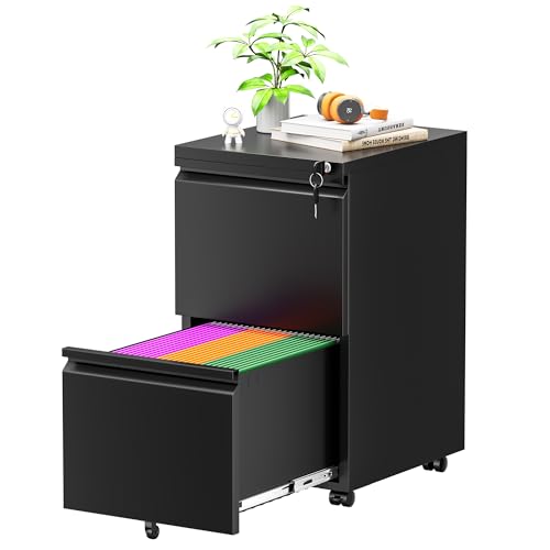 Greenvelly 3 Drawer Mobile File Cabinet with Lock, Fully Assembled Rolling File Cabinet Except Casters, Under Desk File Cabinet with Wheels for Home Office Fit Legal/Letter/A4 File (Assembled, Black)