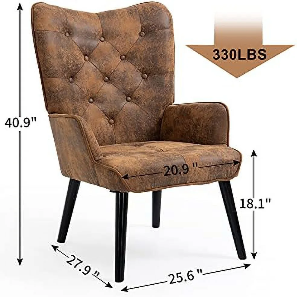 KHBIULIFE WingBack Chair  Rustic Accent Chair with Arms Upholstered  Button Backrest for Living Room (Brown)