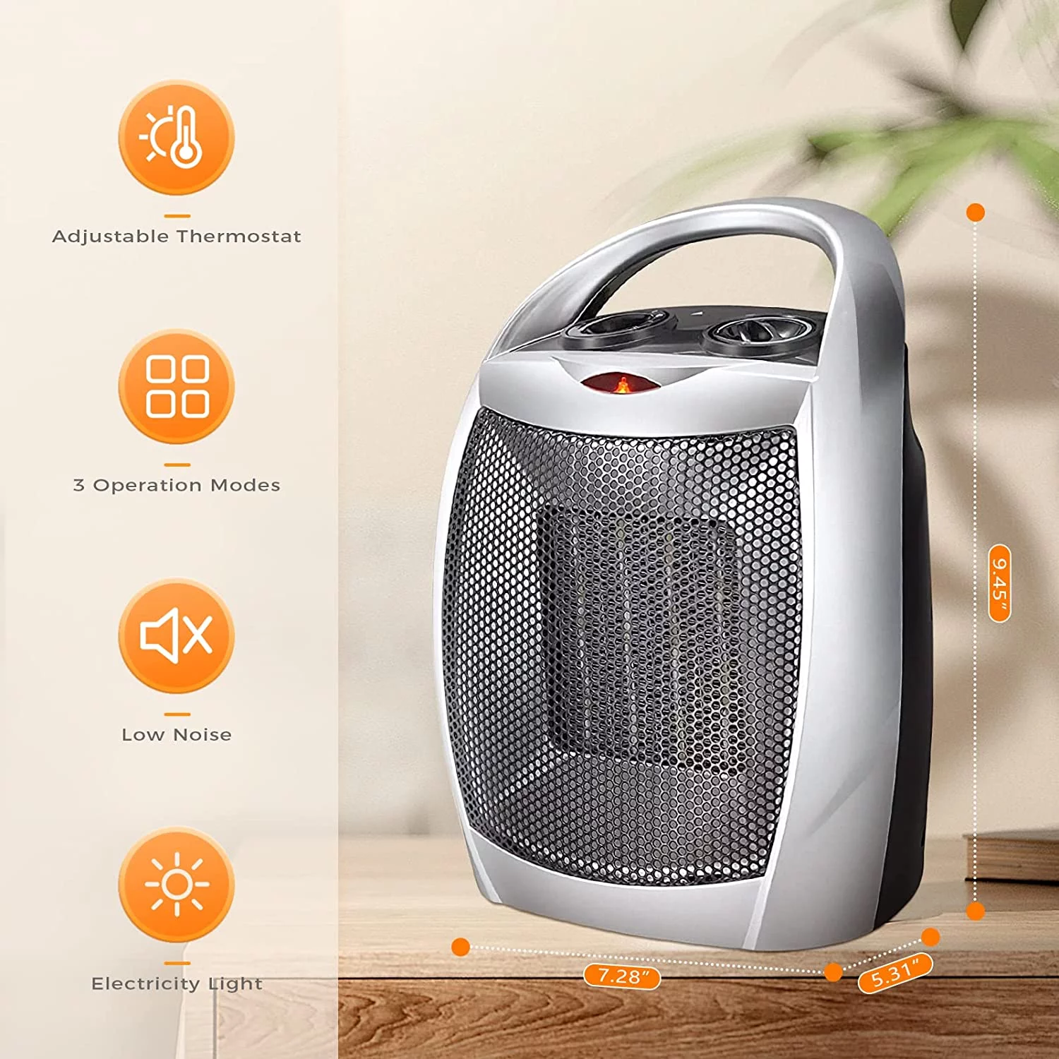 1500W Space Heater, ETL Certified Ceramic Small Heater with Thermostat,Electric Portable Heater Fan for Home Dorm Office Desktop and kitchen,SILVER