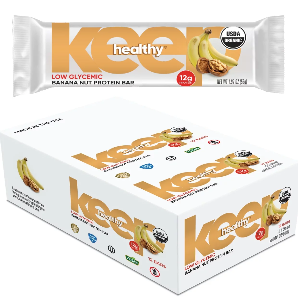 Organic Low Glycemic Banana Nut 12g. Protein 12 Bar Box