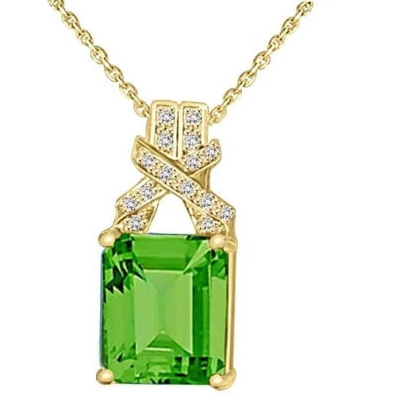Prong Set Pendant with Synthetic Emerald Cut Emerald Center and Brilliant Melee Diamonds by Diamond Essence set in Vermeil
