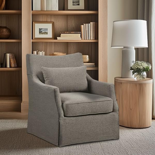 Martha Stewart London Swivel Chair - Solid Wood & Plywood, Skirted Metal Base Accent Armchair, Lumbar Pillow -Modern Classic Family Room Sofa Furniture Bedroom Lounge, 28
