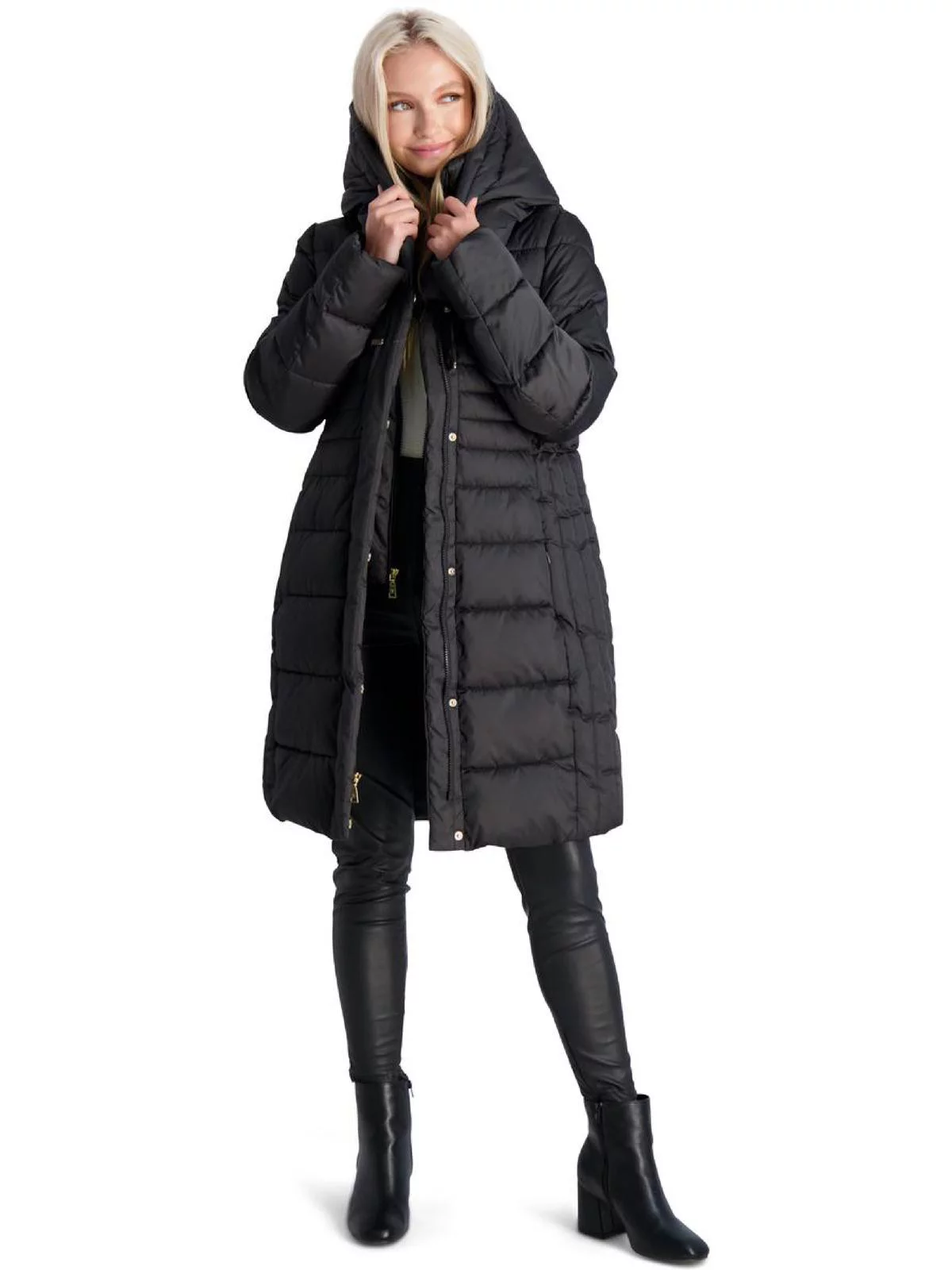 Tahari Casey Fitted Puffer Coat for Women-Quilted Winter Coat with Bib
