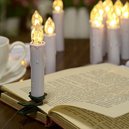 Raycare 10 PCS Battery Operated Taper Candle Lights with Remote, Led Window Candles with 8H Timer, Warm White Bright Flickering Light Christmas Candles with Clips/Suction Cups
