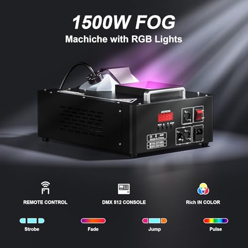 1500W Fog Machine with Lights 24 RGB LED Stage Smoke Machine Vertical Halloween Smoke Machine DMX/Wireless/Manual Control 2.5 Liters with 20000 CFM for Wedding Christmas Party Outdoor Indoor