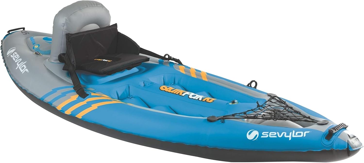 Sevylor QuickPak K1 1-Person Inflatable Kayak, Kayak Folds into Backpack with 5-Minute Setup, 21-Gauge PVC Construction; Hand Pump & Paddle Included