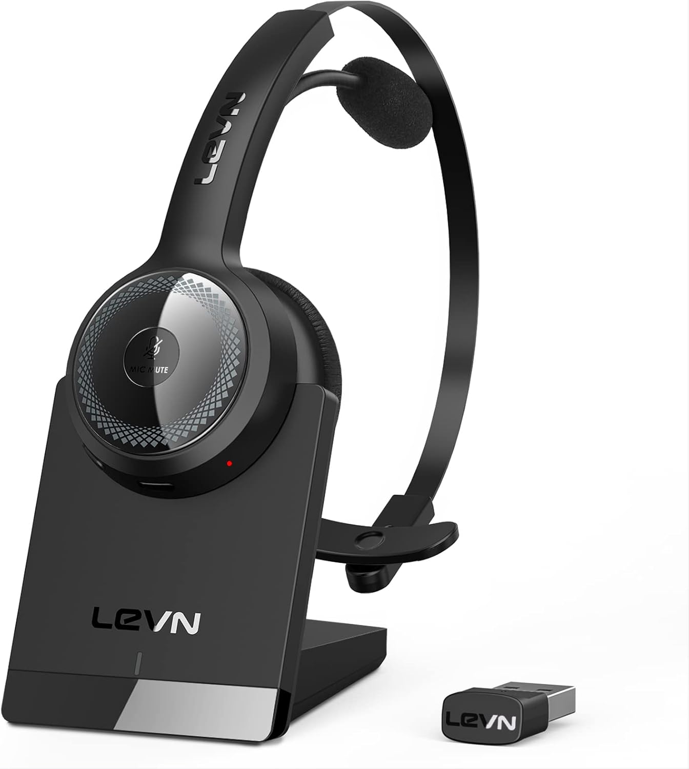 LEVN Bluetooth 5.0 Headset, Wireless Headset with Microphone (AI Noise Cancelling), 35Hrs Bluetooth Headphones with USB Dongle for PC, Suitable for Remote Work/Call Center/Zoom/Online Class/Trucker