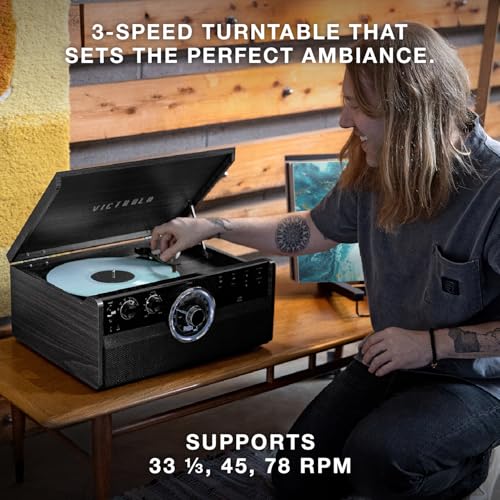 Victrola The Empire Mid-Century 6-in-1 Turntable & Multimedia Center with Built-in Speakers – 3 Speed, Bluetooth Connectivity, Radio, Cassette & CD Player, RCA Out, Headphone Jack (Farmhouse Walnut)
