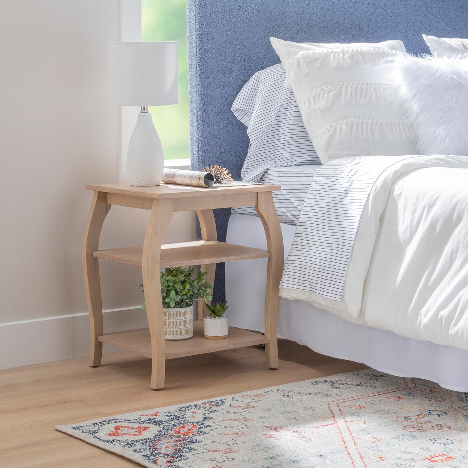 Powell Natural Braxton Wooden Side Table with Curved Legs and Two Display Shelves