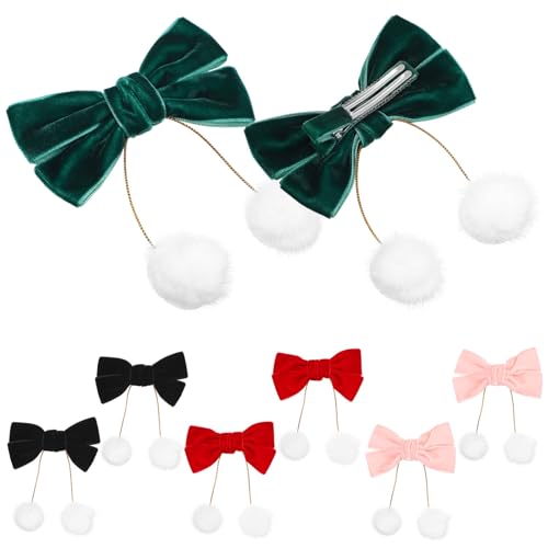 Beaupretty 4 Pairs Christmas Hair Bows Clips Furry Balls Tassels Velvet Bows Barrettes Hair Accessory for Baby Girls Toddlers Red Green Black Pink