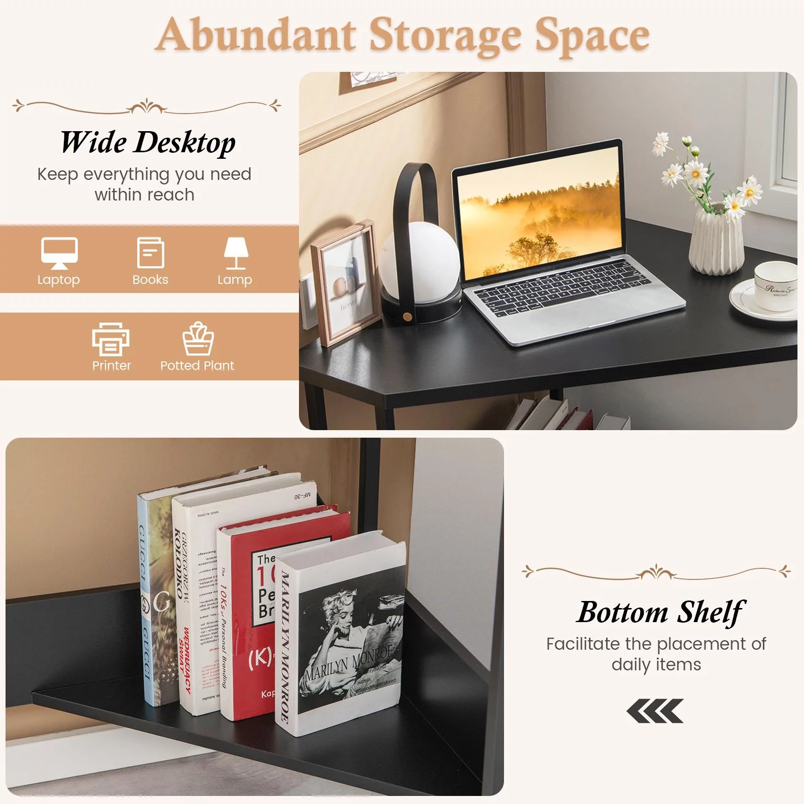 Giantex Corner Desk w/Power Outlet, 90-degree Triangle Computer Desk for Small Space, Space-saving Writing Desk, Laptop PC Desk for Home Office, Black