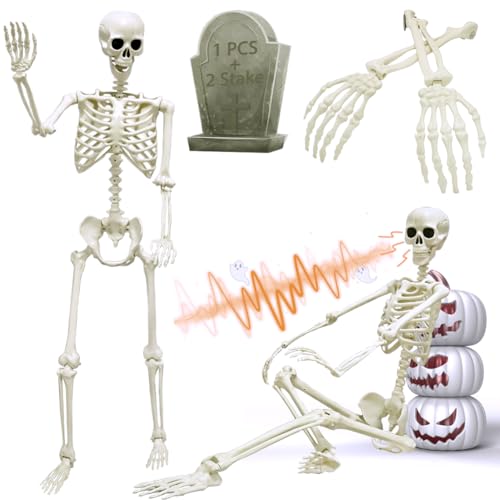 5.4ft/165cm Halloween Skeleton, Life Size Posable Skeleton with Glowing Eyes Creepy Sound, Full Body Realistic Human Bones with 2 Arm Stake for Halloween Indoor Outdoor Haunted House Decoration