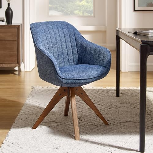 Art Leon Mid Century Modern Swivel Accent Chair - Fabric Upholstered Armchair with Natural Oak Wood Legs, Desk Chair No Wheels, Off White