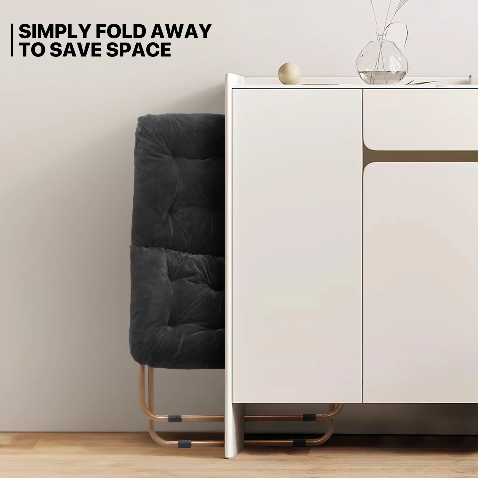 MoNiBloom Set of 2 Saucer Chair with Ottoman, Faux Fur Folding Chair and Footrest Set with Metal Frame, Foldable Lounge Chair and Foot Stool Set, Black