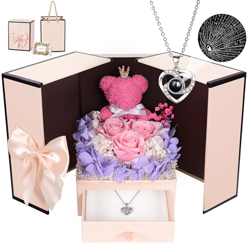 Preserved Rose Moss Bear with I Love You Necklace Roses Gifts for Women Girlfriend Wife Mom Grandma Christmas Valentines Mothers Day Birthday Anniversary Wedding