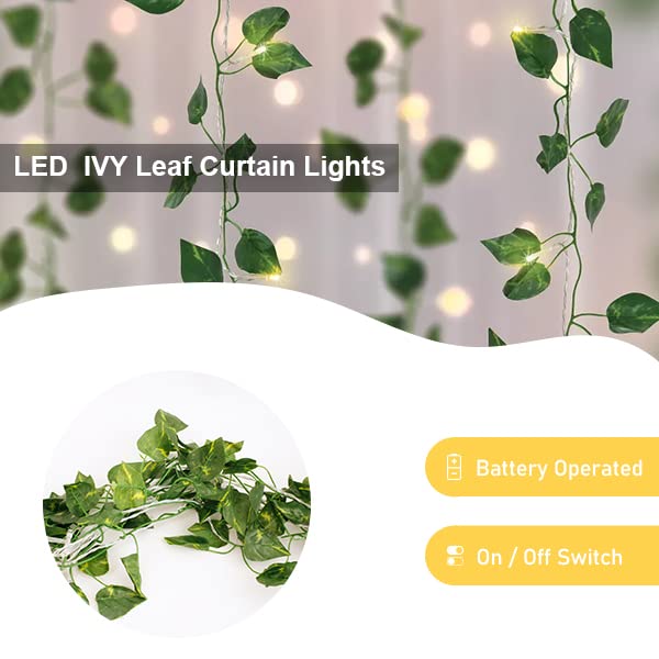Perfect Holiday 66 LED Ivy Leaf Curtain String Lights Battery Operated - Warm White