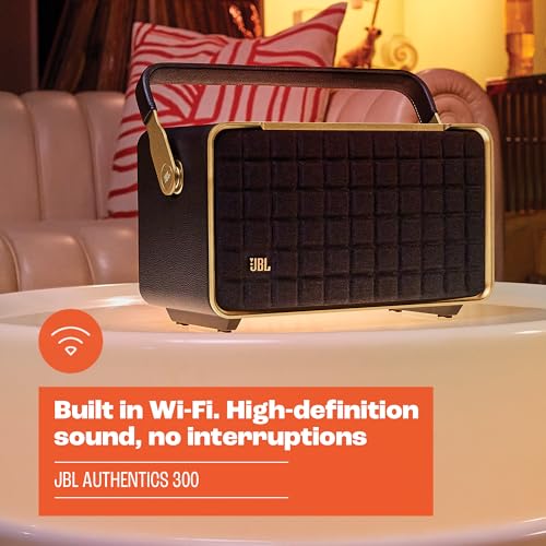 JBL Authentics 200 - Retro Style Smart Home Speaker with Built in Wi-Fi, Bluetooth and Voice Assistants, Alexa and Google Assistant, Multi-Room Playback, Automatic self tuning (Black/Gold)