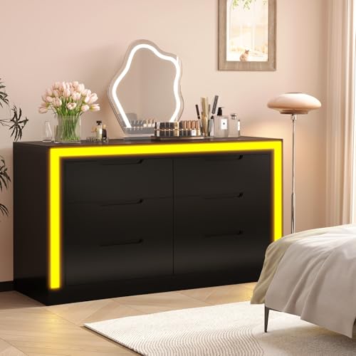 Dresser for Bedroom, 6 Drawer Dresser with LED Light, Black Dressers Chests of Drawers,Organizer Storage Drawers for Hallway, Entryway,Bedroom