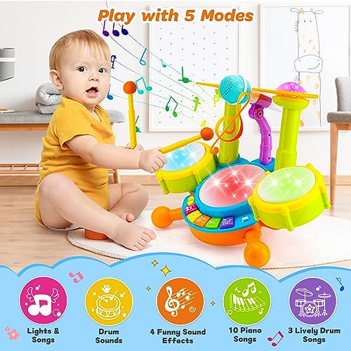 Kids Drum Set for Toddlers 1-3 Musical Baby Toys for 1 Year Old Boy Gifts Montessori Baby Girl Toys with Microphone Light Up Learning Toys Birthday Gifts for Infants 6 9 12 18 Months Toddler Age 1-2