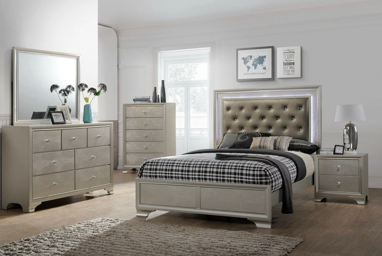 Modern 6pc California King Size LED Panel Bed Set Faux Leather Champagne Finish Master Bedroom Furniture