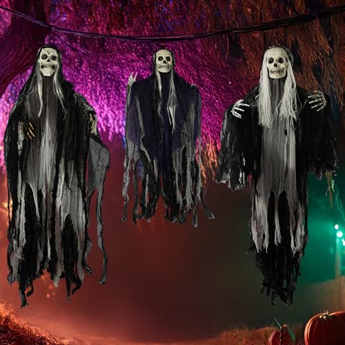 Hourleey 3 Pack Halloween Hanging Ghosts Decorations Outdoor, Scary Flying Grim Reapers Skeleton, Skull Ghost Halloween Decor for Yard Porch Frontdoor Party Haunted House Props