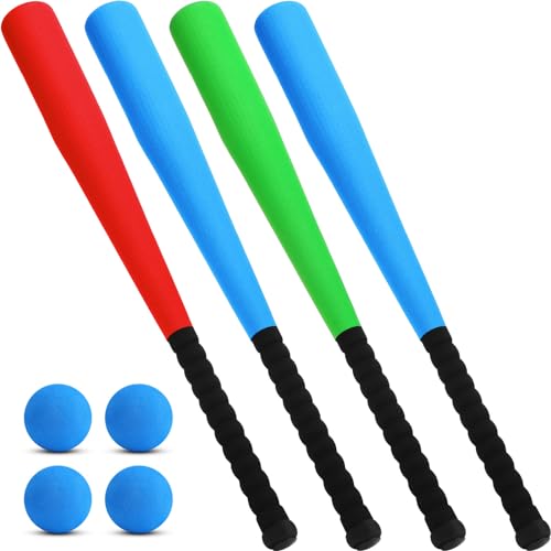 Wettarn 4 Pcs Foam Baseball Bat 24 Inches Foam Bat with Safe Soft Baseballs T Ball Set for Outdoor Indoor Sport Game Beginners Practice Playing Training(Red, Yellow, Blue, Green)
