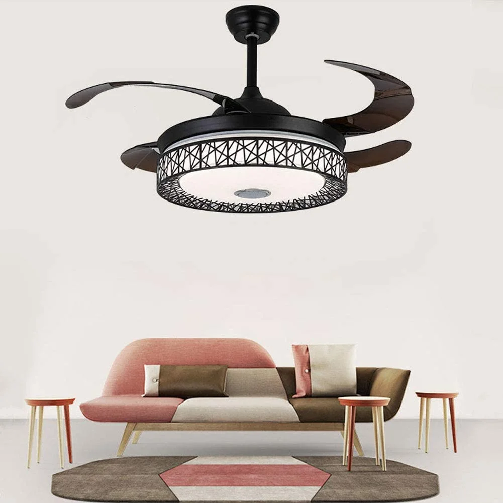 Miumaeov 42 Inch Modern Fan Ceiling Light with Remote Bluetooth Control Three-Color Dimmable Bedroom Fan Chandelier Blade Retractable Mute Indoor Fan Light for Kitchen (Black)
