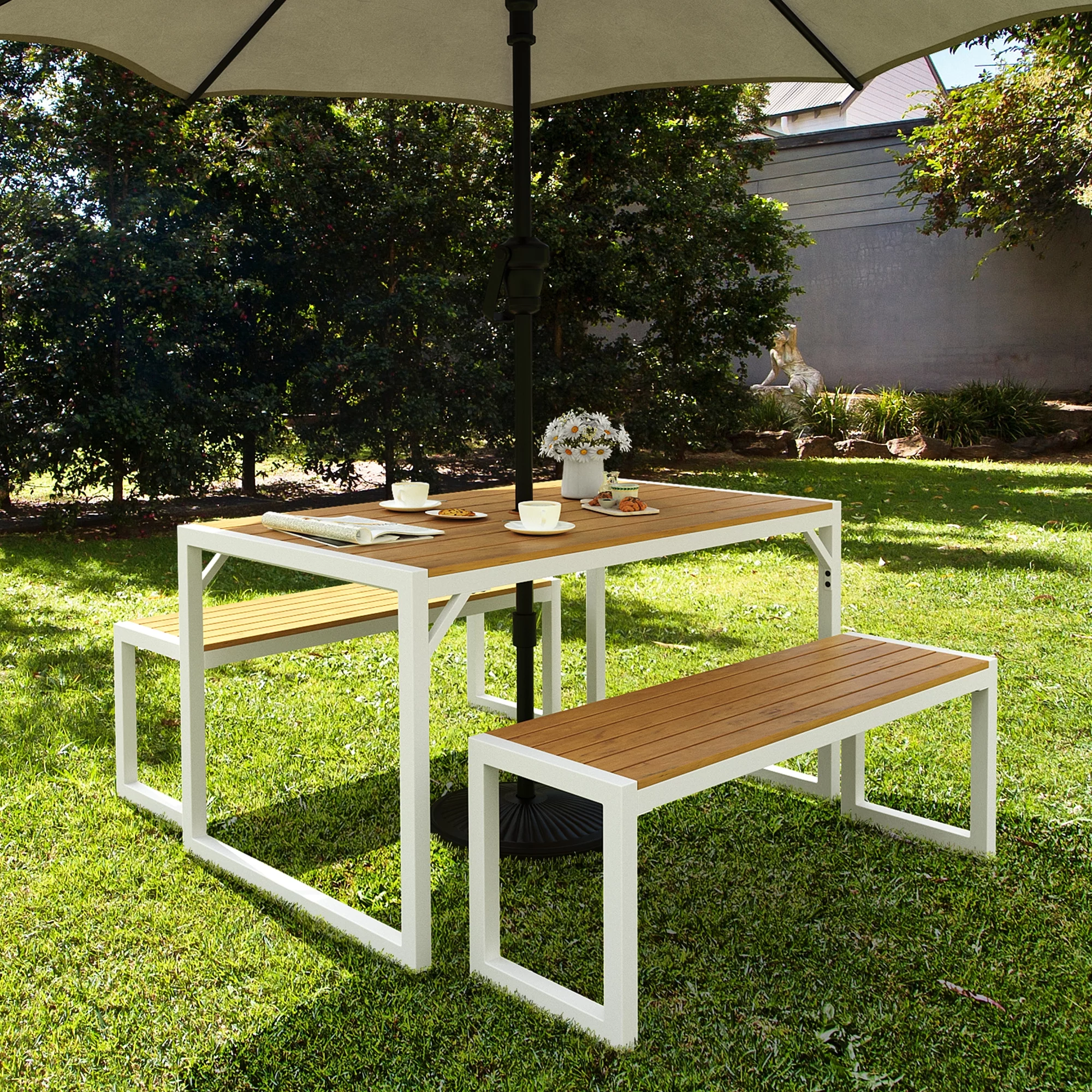 DWVO 3 Pieces Patio Dining Table Set, 2 Dining Bench and Wood Dining Table for 4-6 People - White & Wood