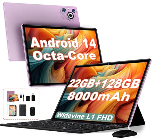 2025 Android 14 Tablet, 22GB RAM+128GB ROM+1TB Expand, 8000mAh Battery, 10.1 Inch Touchscreen, Octa-Core CPU, 2-in-1 Tablet with Keyboard&Mouse, Support BT5.0, GPS, WiFi - Purple