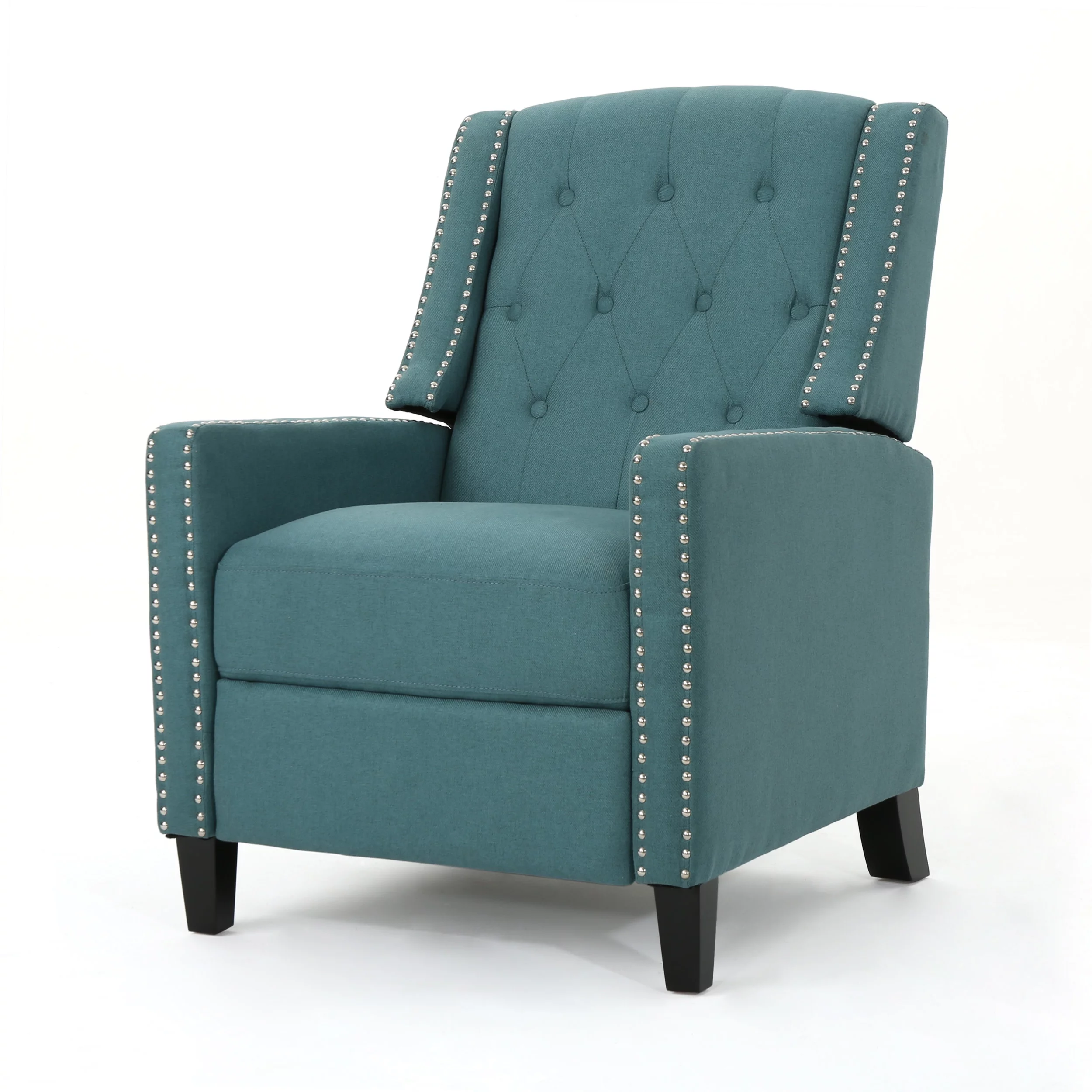 GDF Studio Sinclair Contemporary Fabric Tufted Pushback Recliner with Nailhead Trim, Dark Teal and Dark Brown