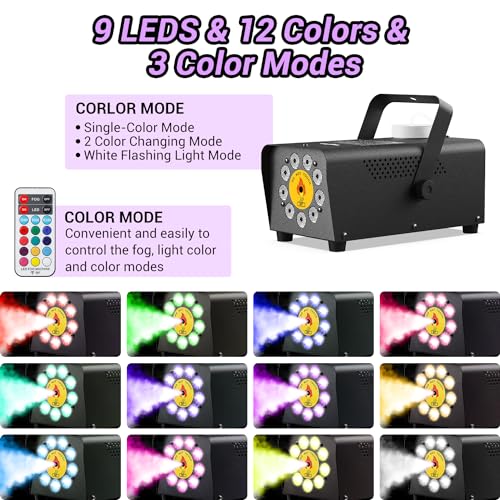 Smoke Machine, Theefun Fog Machine 450w 2500CFM with 9 LED 12 Color Lights Portable 500ml Tank No Liquid Included Stage Smoke Machine Fog Indoor with Wireless Remote Control for Wedding DJ Party