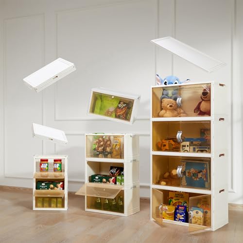 4 Pack Storage Bins with Lid - 11.8 Gal Foldable Stackable Storage Bins with Drawers - Closet Organizer and Storage Box - Plastic Drawer Storage for Bedroom Study Toy Room Office