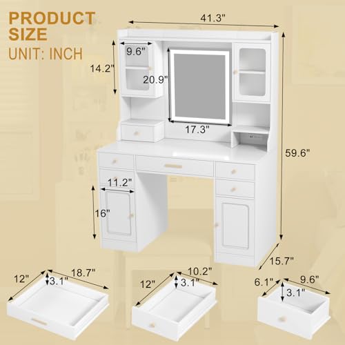 Vanity Desk with Mirror and Lights, 42IN Makeup Table with 6 Drawers and 2 Cupboard Storage, Vanity Makeup with Power Outlet | LED Light with 3 Color Modes | Adjustable Brightness | White