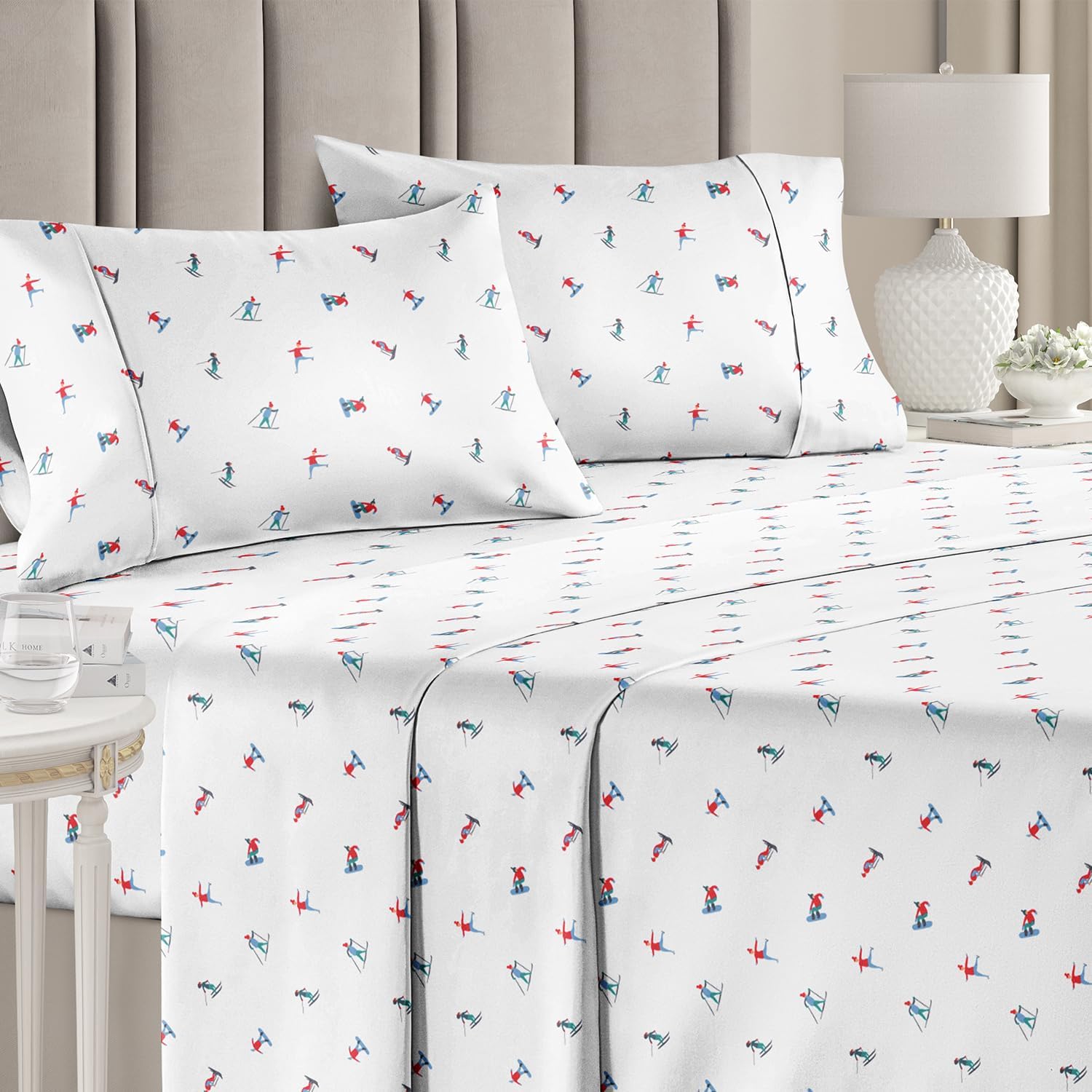Queen Christmas Sheets - 4 Piece Deep Pocket Christmas Sheet Set - Soft & Wrinkle Free - Easy Care Bedding for Women, Men, Kids & Teens - Luxury Winter Holiday Sheets by CGK Linens (Skis)