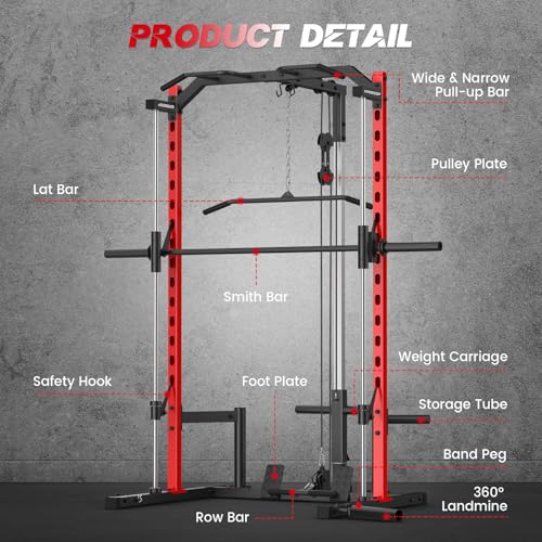 Smith Machine with LAT-Pull Down, Multi-Functional Smith Machine, Power Cage with Cable Crossover, Squat Rack with Landmine, Barbell Bar, Plate Storage Pegs and More Training Attachment