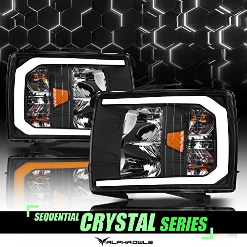 Alpha Owls 8712252 Crystal Headlights With Switchback Sequential LED Light Bar & Startup Light - Black Amber Fits 2007-2013 Chevy Silverado 1500/2007-2014 2500 3500 HD Halogen Models