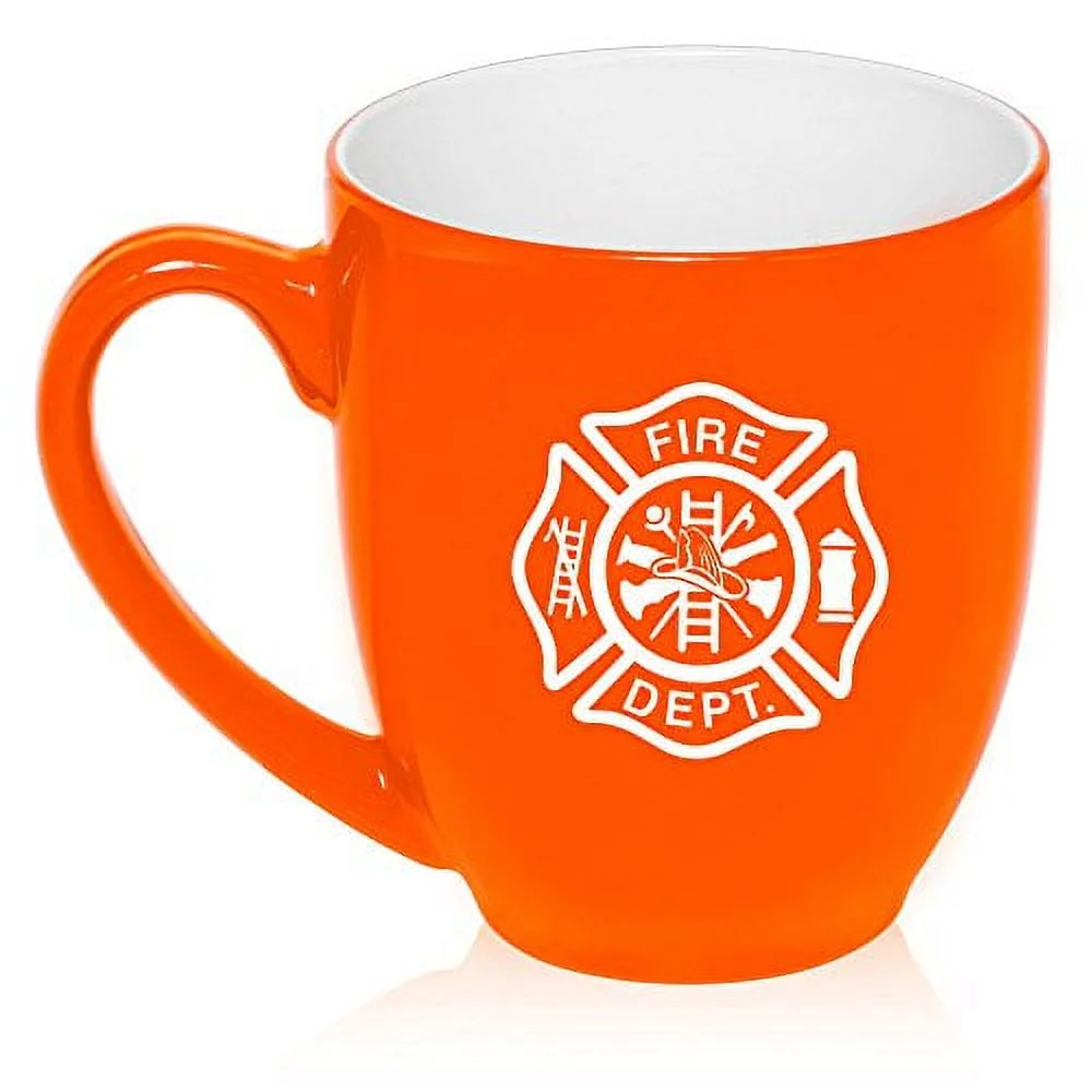 16 oz Large Bistro Mug Ceramic Coffee Tea Glass Cup Fire Department Maltese Cross (Orange)