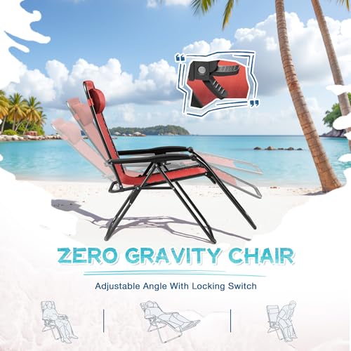 Greesum Zero Gravity Chairs Set of 2 Adjustable Steel Mesh Recliners Beach Deck Lawn Camping Patio Foldable Lounge Chair with Cup Holder Trays and Pillows,Brown