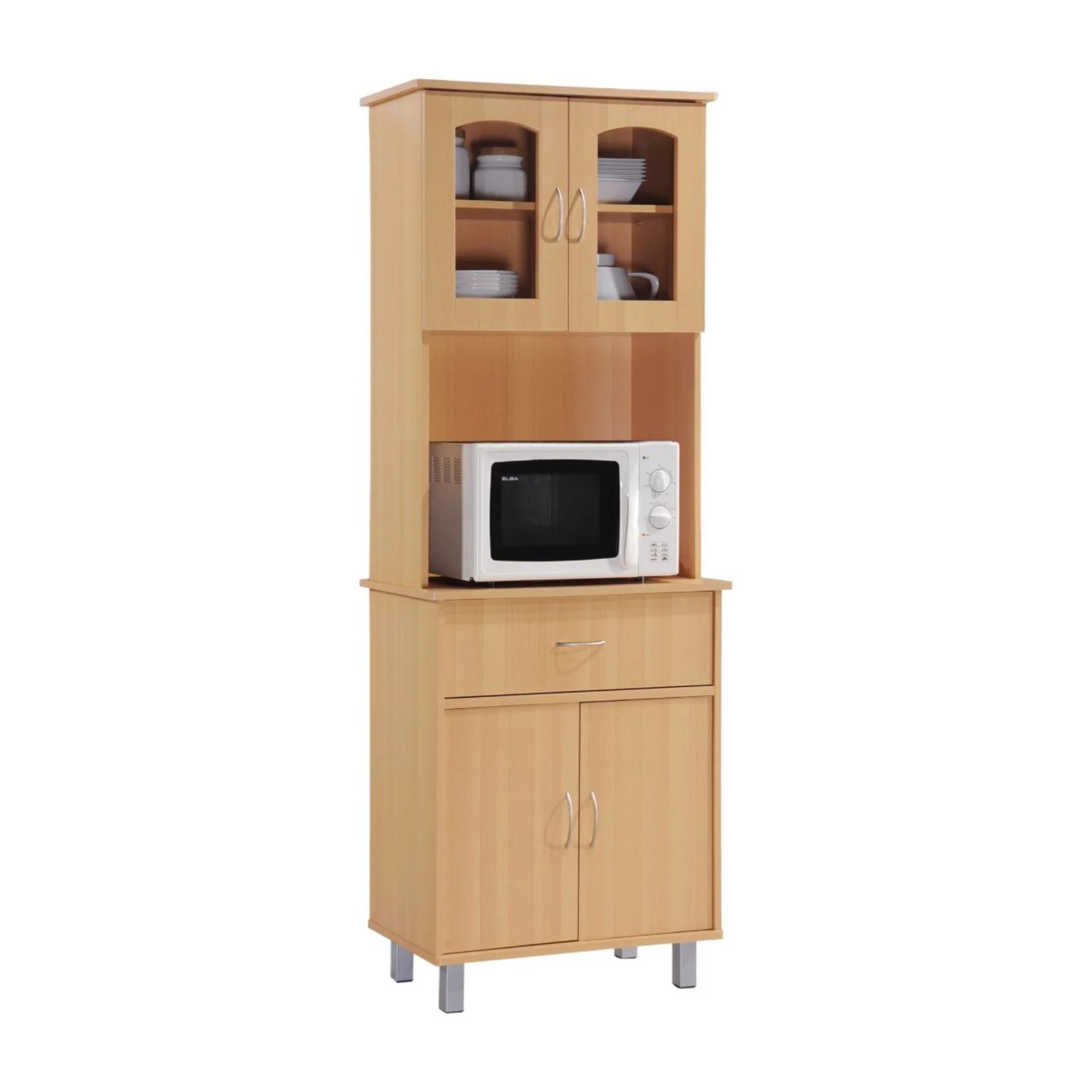 Hodedah Kitchen China with 4-Door 1-Drawer and Microwave Space in Beige Wood