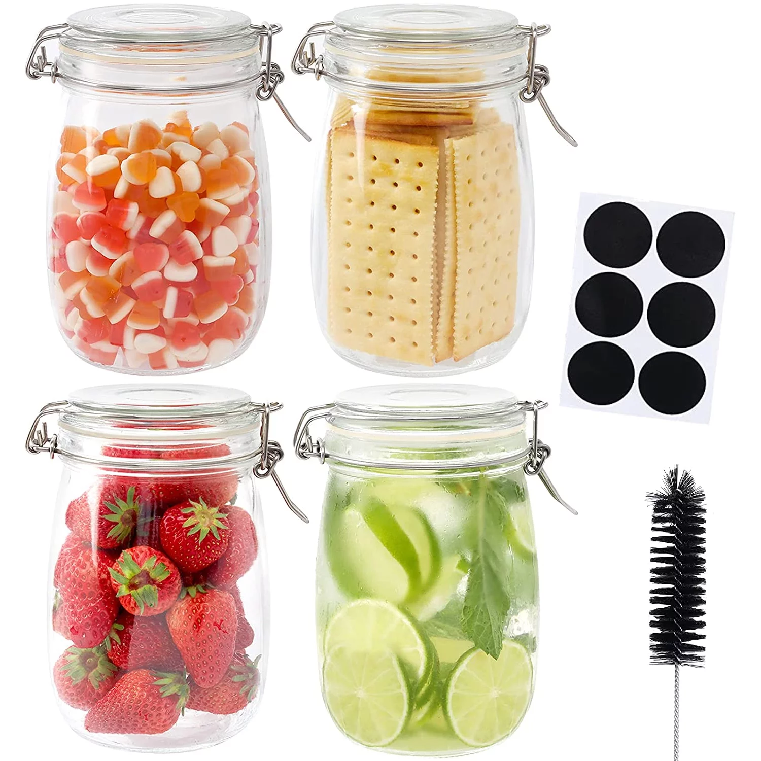 34oz Glass Jars with Airtight Lids, Wide Mouth Mason Jars with Leak Proof Rubber Gasket, Kitchen Glass Airtight Containers for Snacks, Jams, Candy, Cookie, Food Storage, 4 Pack