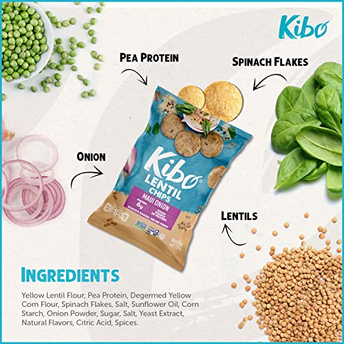 Kibo Lentil Chips Variety Pack - Gluten-Free Vegan Chips - Non-GMO Verified - Plant-Based 28 grams – Maui Onion, Sea Salt, and Spicy Ranch - 12 pack