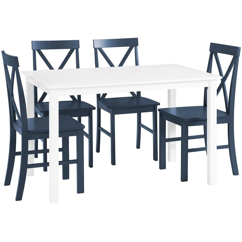 Pemberly Row 5-Piece Solid Wood Farmhouse Dining Set in White and Navy