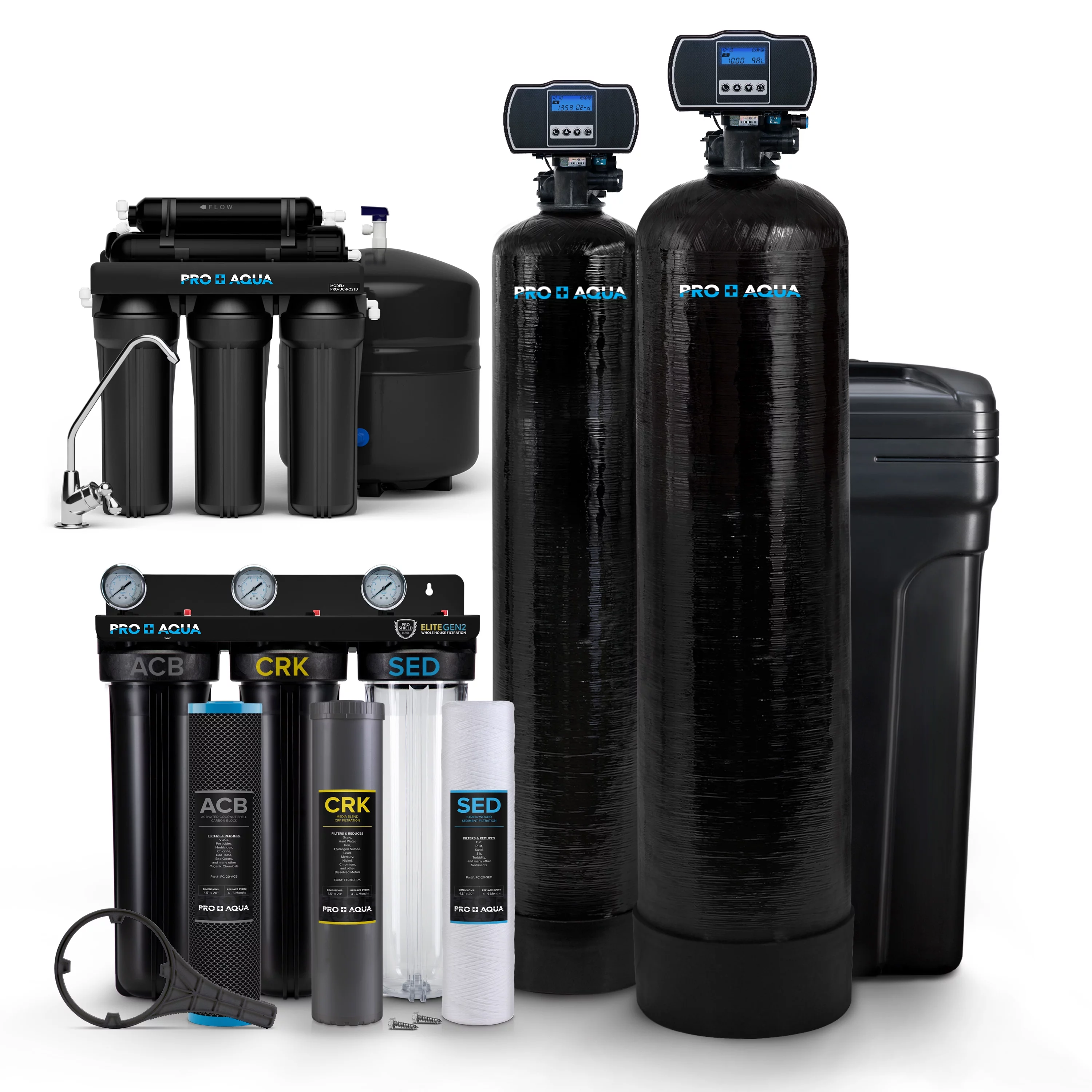 PRO+AQUA Elite Whole House Water Filter Softener Bundle with Reverse Osmosis Drinking System for Well Water , Removes 99% of Iron, Odor, Chlorine, VOCs, Odors & Contaminants