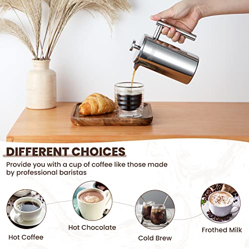 Velaze French Press Coffee Maker 34oz, Double Wall Insulated French Coffee Press Stainless Steel, 1L Coffee Maker Included 4 Extra Fliters and 1 Coffee Spoon, Silver