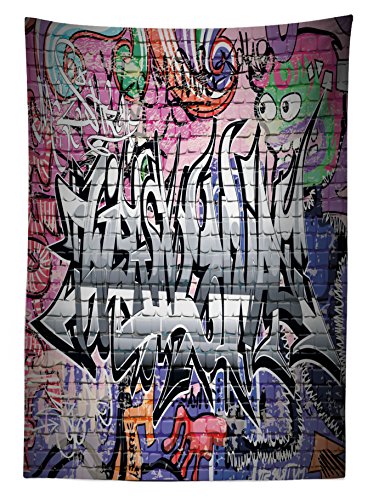 Ambesonne Brick Wall Outdoor Tablecloth, Graffiti Grunge Art Wall Several Creepy Underground City Urban Landscape Print, Decorative Washable Picnic Table Cloth, 58
