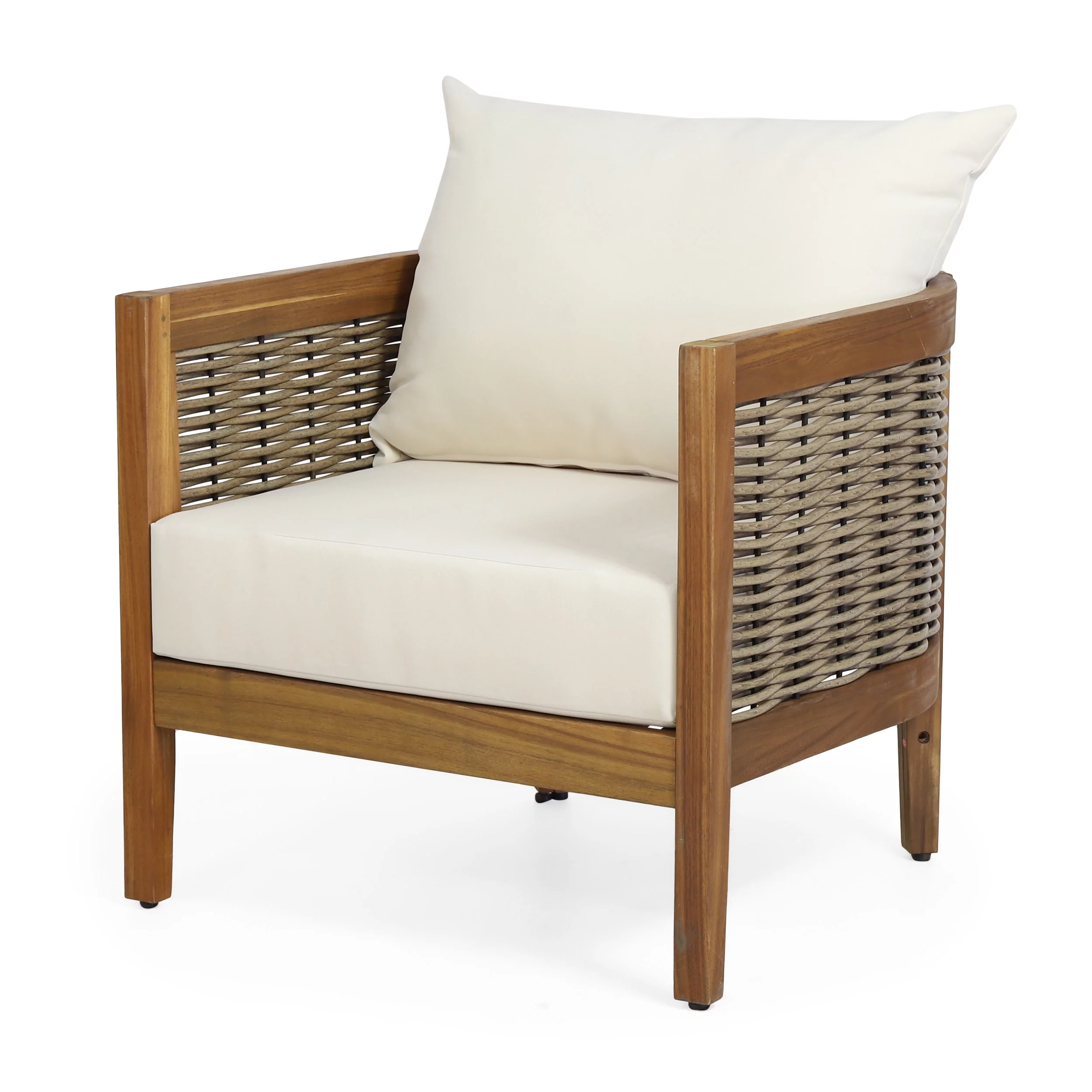 GDF Studio The Crowne Collection Outdoor Acacia Wood and Wicker Club Chair with Cushions, Teak, Mixed Brown, and Beige